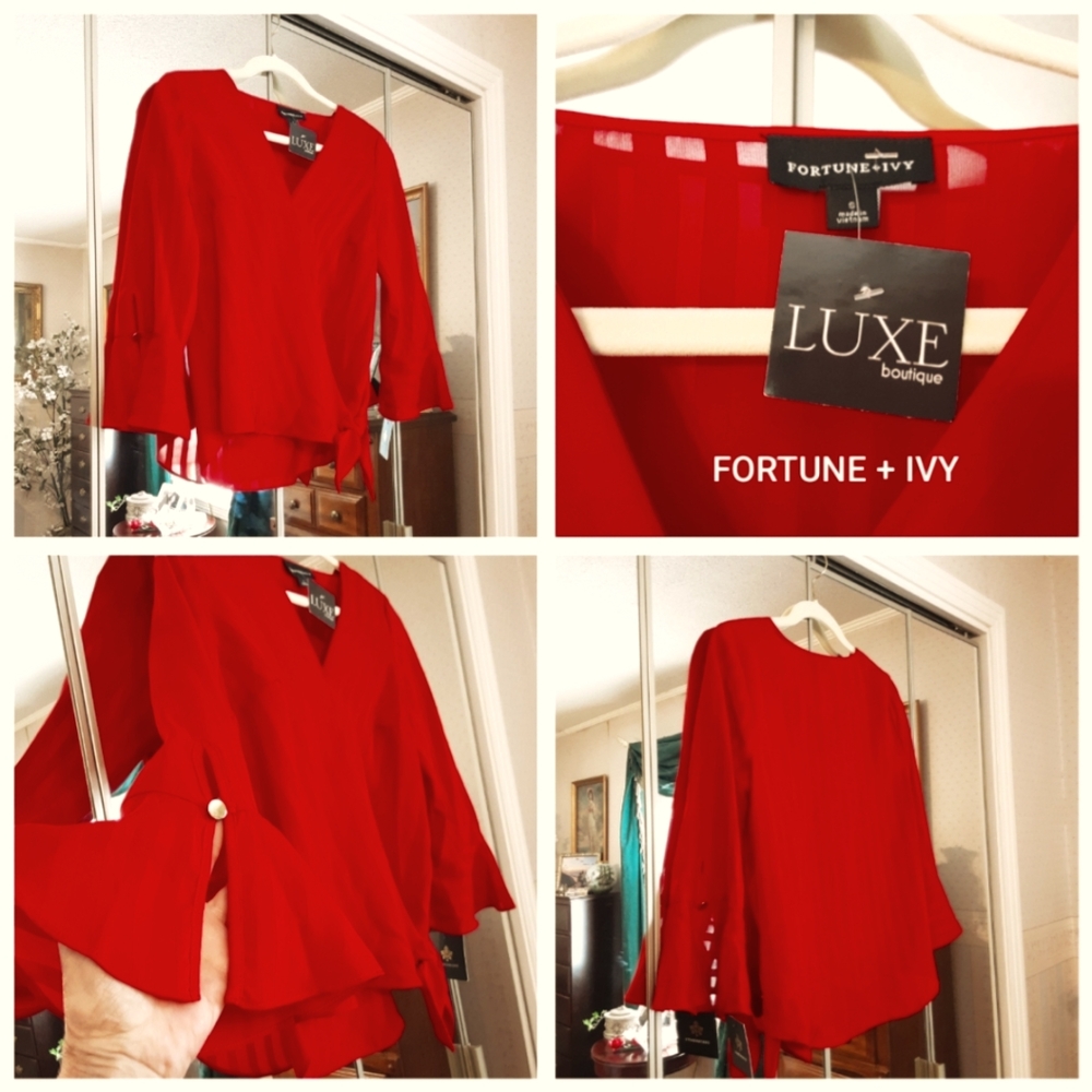 NEW, FORTUNE + IVY WRAP AROUND TIE BELL SLEEVE TOP
